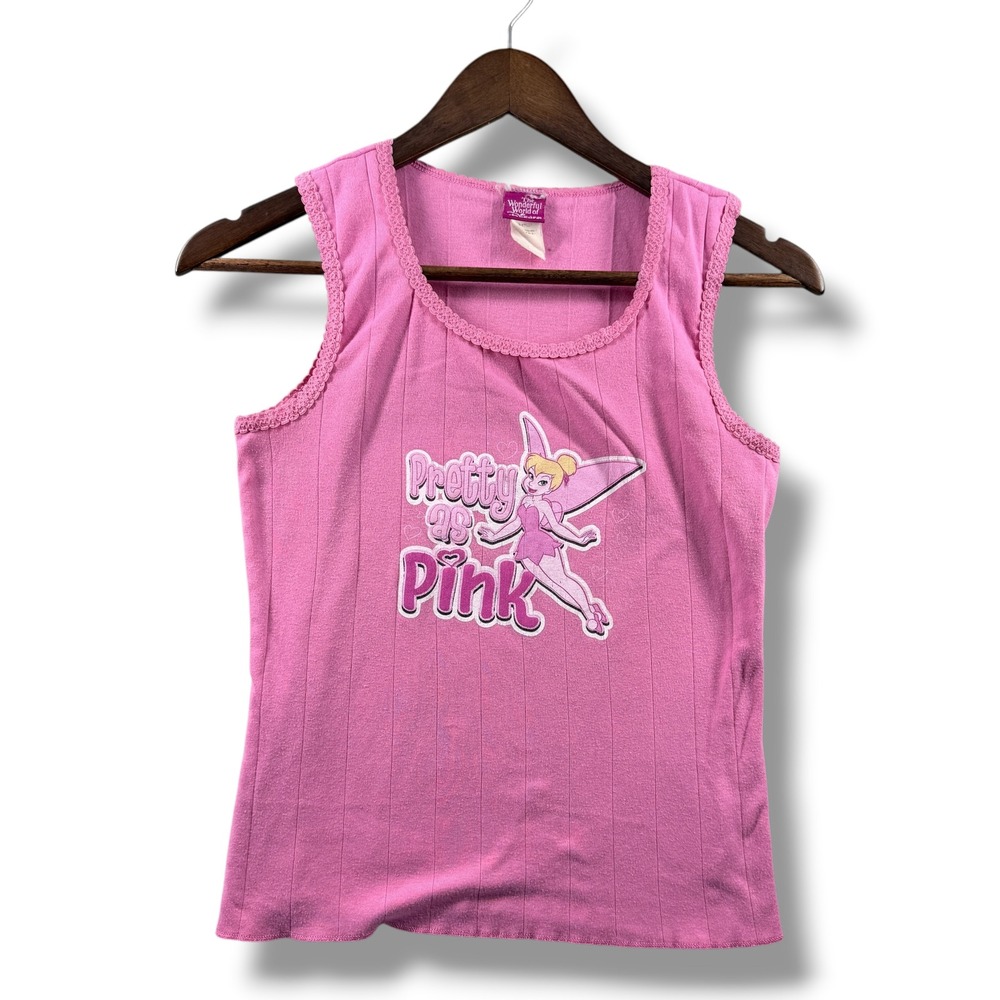 Disney Tinkerbell Pretty as Pink Ribbed Tank Top Lace Trim Y2K Graphic Tee